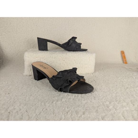 Ruffle Block Heel Denim Slide Sandals Sz 7.5 Lena Luisa - Picture 1 of 13